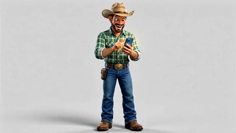 Official Im Farm farmer character using the mobile app